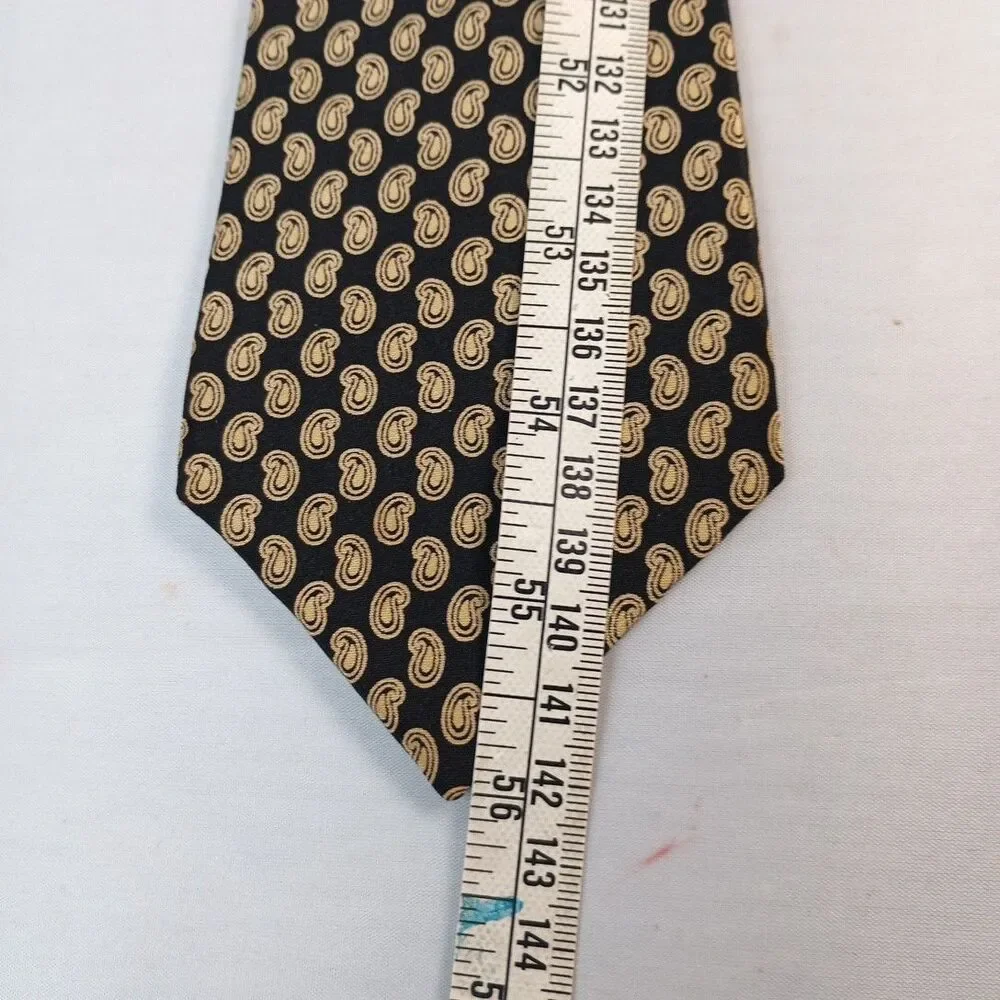 LANVIN Paris 100% Silk Made in France Black & Gold Paisley Designer Neck Tie 56